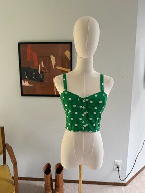 Vintage 1990s Green and White Polka Dot Bustier Corset 100% Cotton XS / S